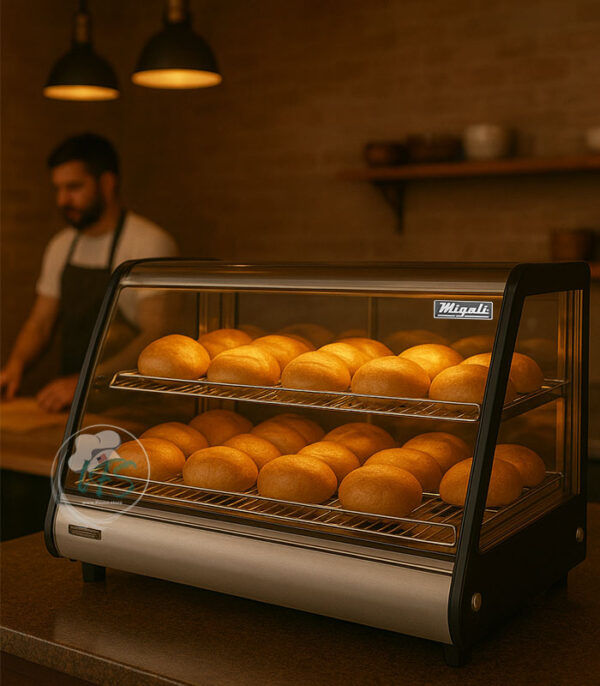 Croissants, bread rolls, and pizza displayed in Migali C‑HCT34 heated case with LED lighting