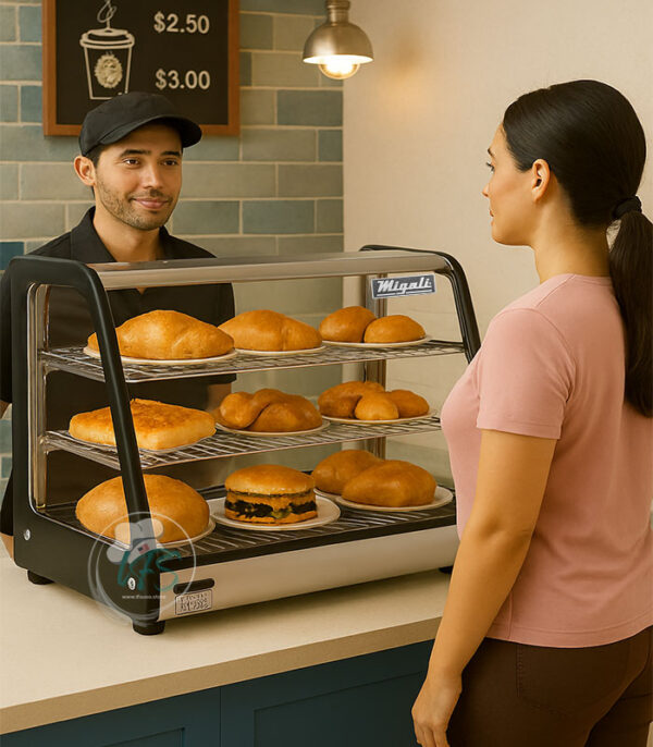 Croissants, bread rolls, and pizza displayed in Migali C‑HCT34 heated case with LED lighting