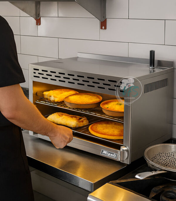 Vista lateral del fundidor de queso Migali de 36″ que muestra los quemadores infrarrojos