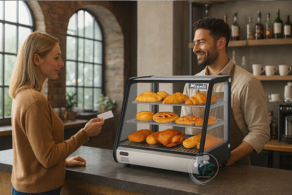 Migali C-HCT27 Stainless Steel Heated Countertop Display Case in restaurant setup