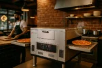 Migali MSP‑2638 Speedino 62″ in urban pizzeria, visible Speedino logo and warm professional ambiance