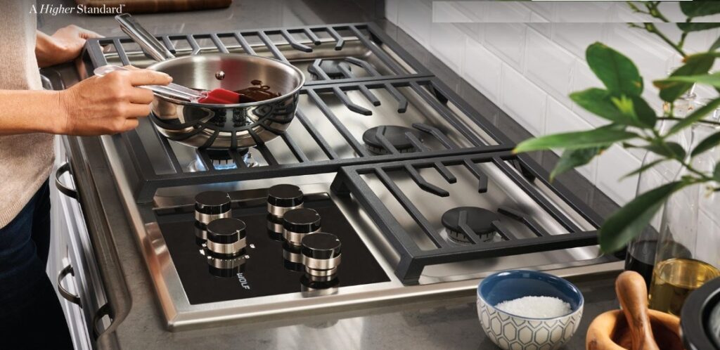 wolf 36-inch transitional gas cooktop 5 burners wolf 36″ gas cooktop dual-stacked burners